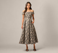 Off Shoulder Metallic Floral Jacquard Ankle Dress In Black Taupe