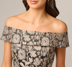 Off Shoulder Metallic Floral Jacquard Ankle Dress In Black Taupe
