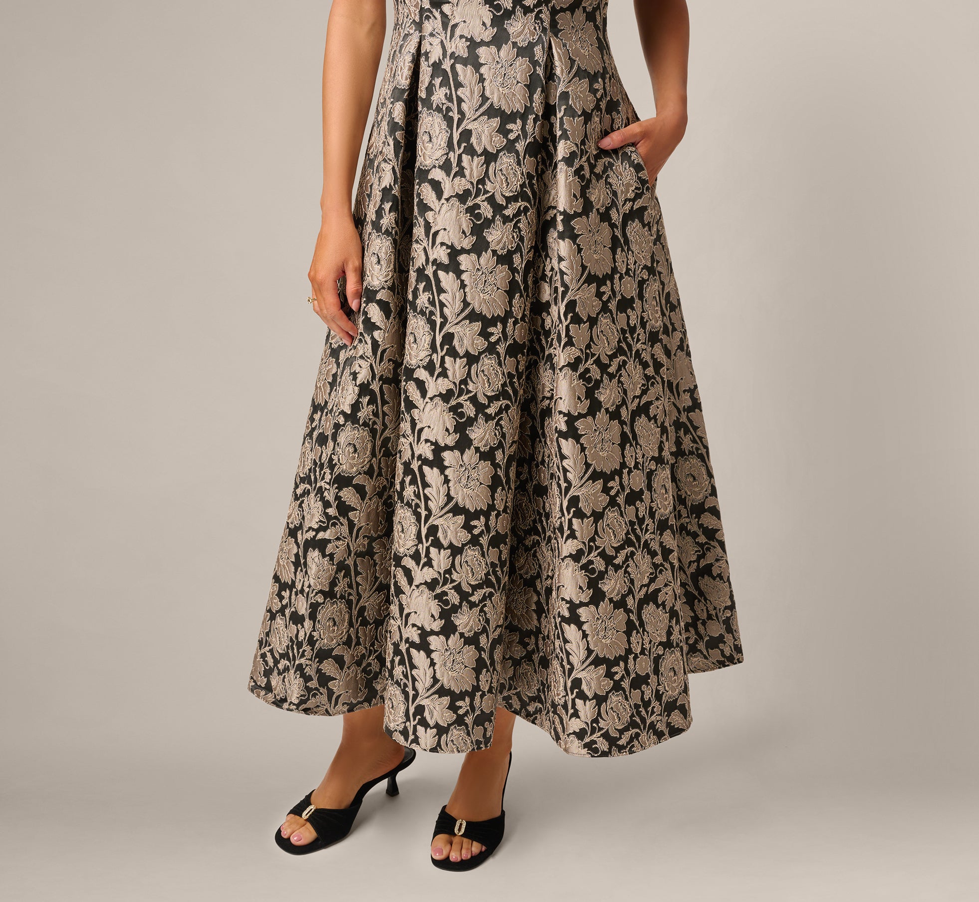 Off Shoulder Metallic Floral Jacquard Ankle Dress In Black Taupe