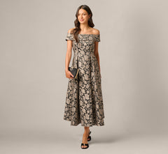 Off Shoulder Metallic Floral Jacquard Ankle Dress In Black Taupe