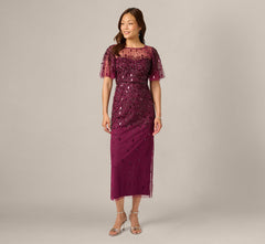 Petite Flutter Sleeve Sequin Beaded Midi Dress In Bordeaux