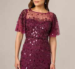 Petite Flutter Sleeve Sequin Beaded Midi Dress In Bordeaux