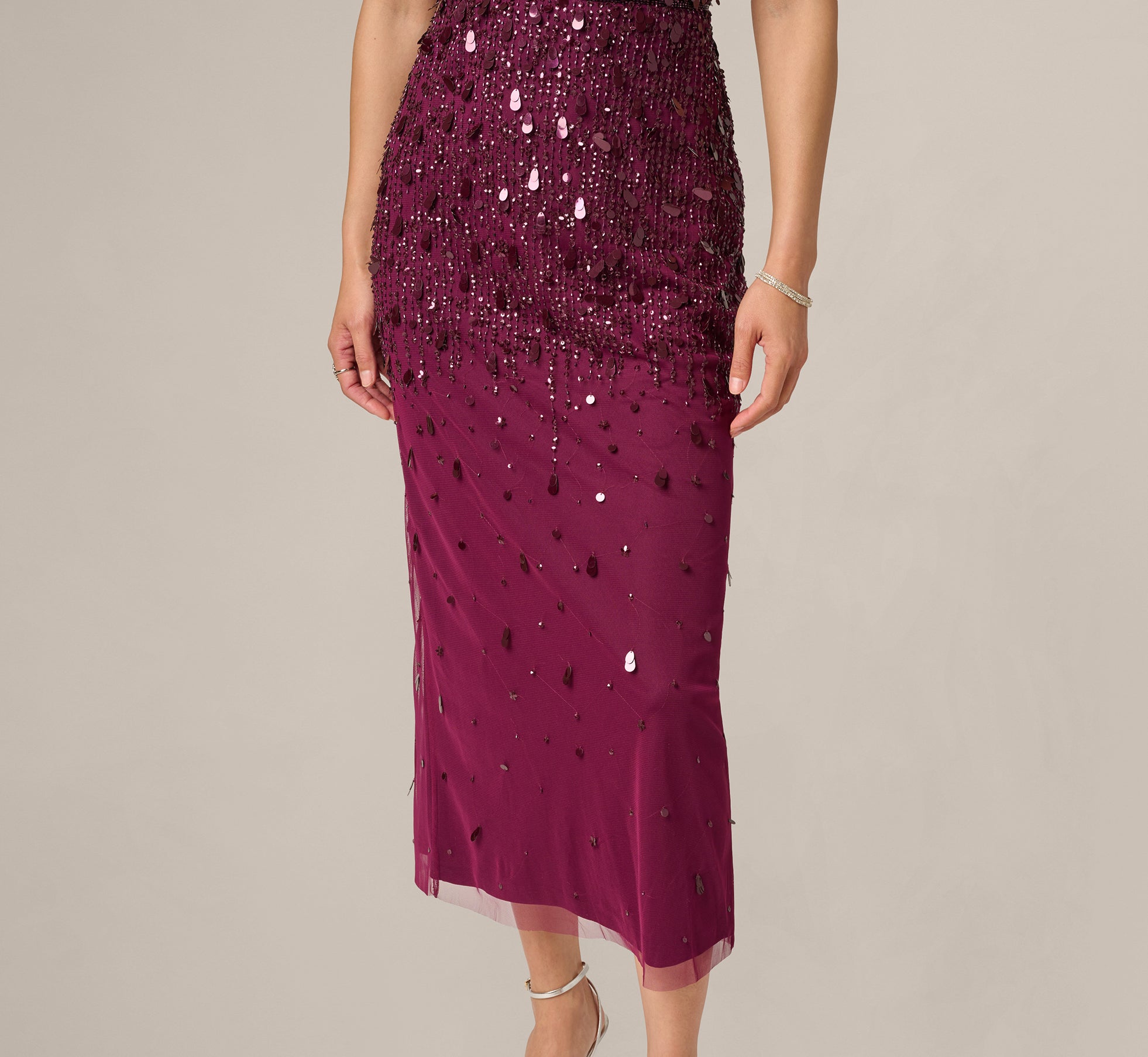 Petite Flutter Sleeve Sequin Beaded Midi Dress In Bordeaux