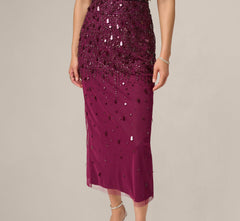 Petite Flutter Sleeve Sequin Beaded Midi Dress In Bordeaux