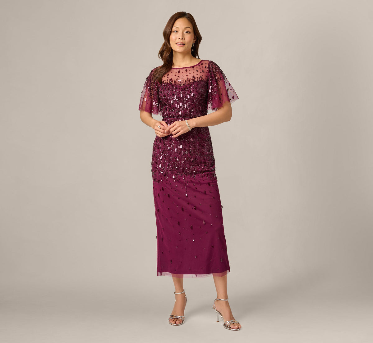 Petite Flutter Sleeve Sequin Beaded Midi Dress In Bordeaux