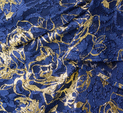 Asymmetrical Draped Stretch Metallic Lace Gown In Navy Gold