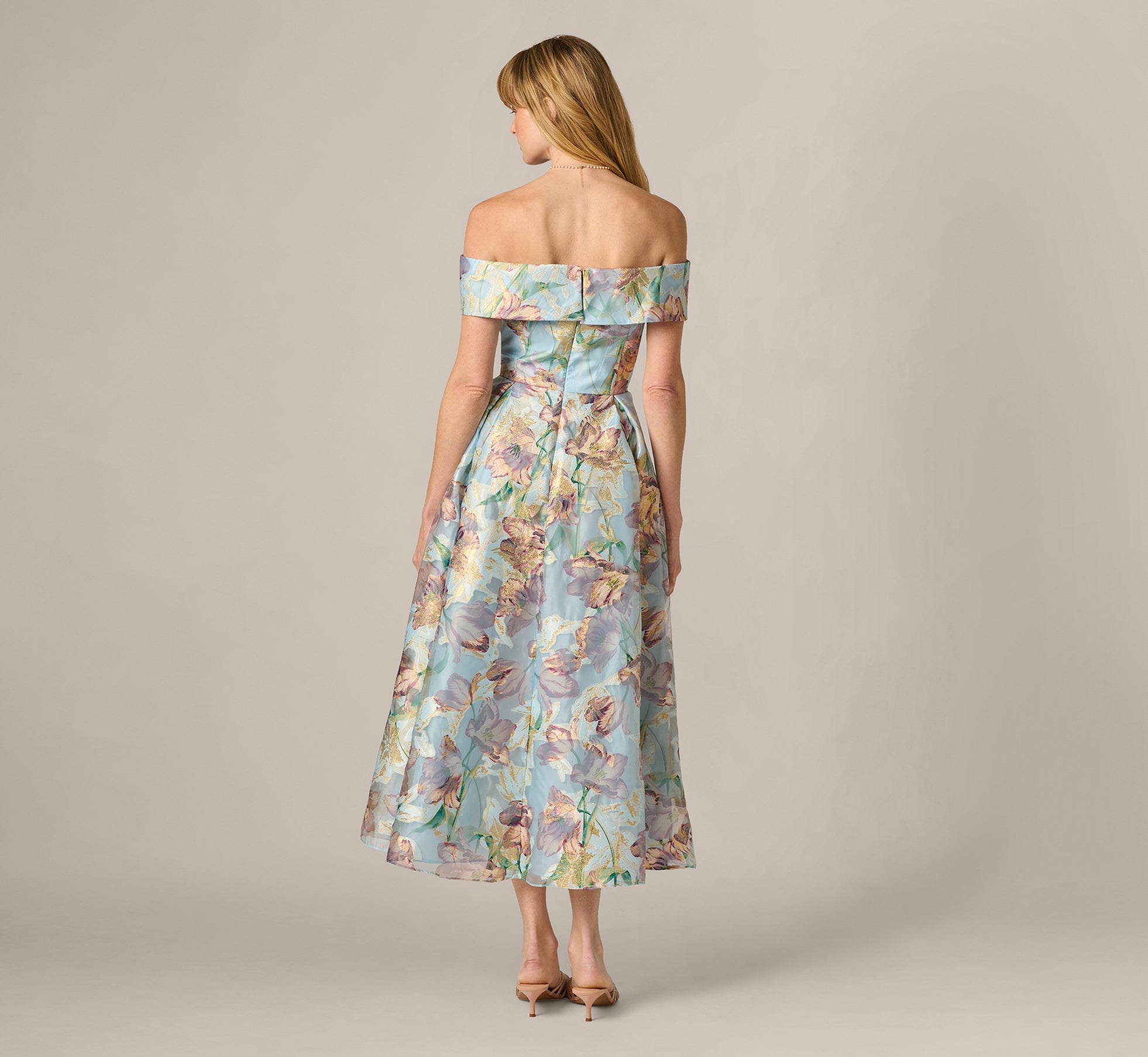 Off Shoulder Watercolor Floral Jacquard Ankle Dress In Blue Multi