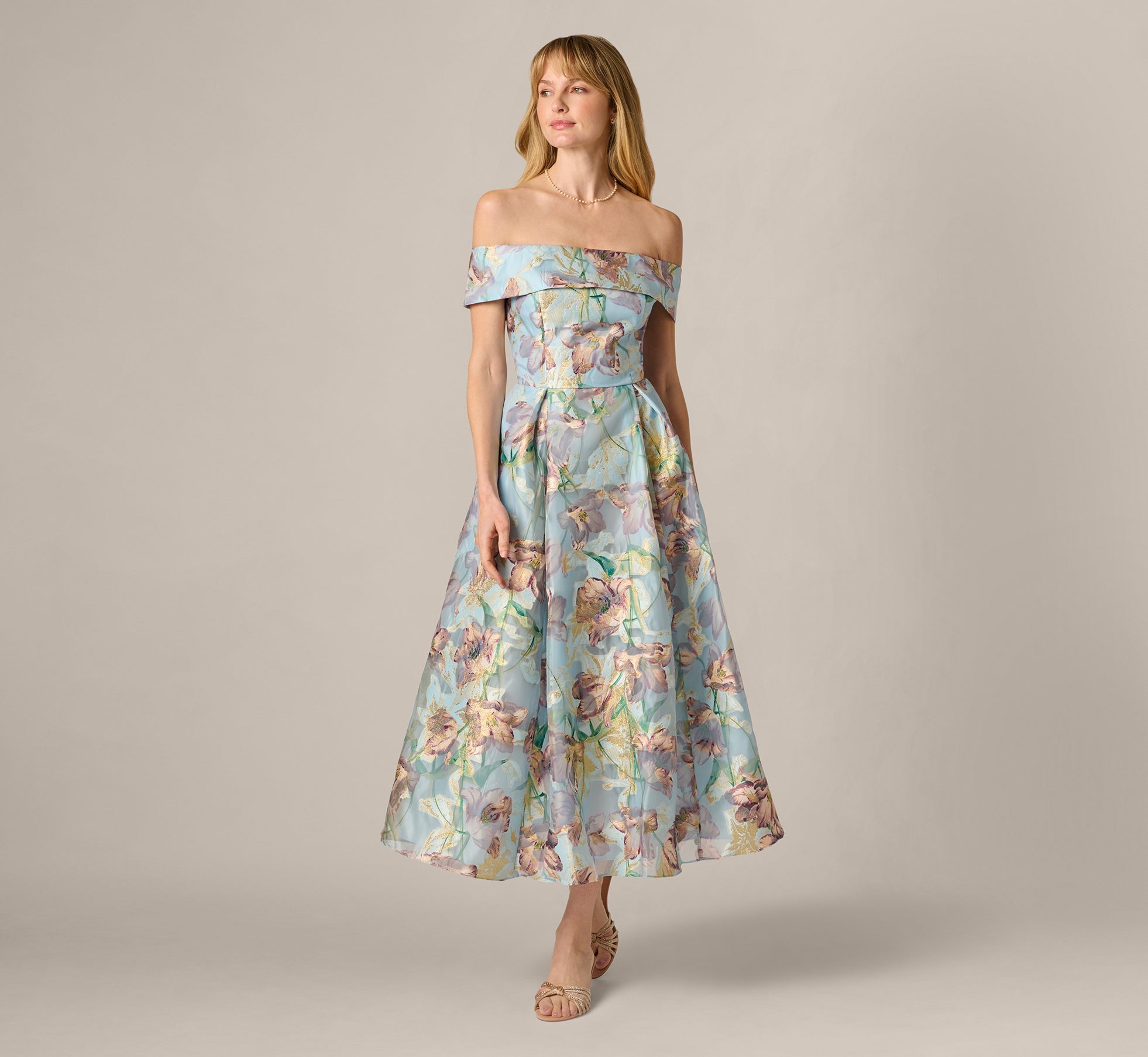 Off Shoulder Watercolor Floral Jacquard Ankle Dress In Blue Multi
