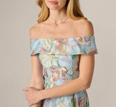 Off Shoulder Watercolor Floral Jacquard Ankle Dress In Blue Multi
