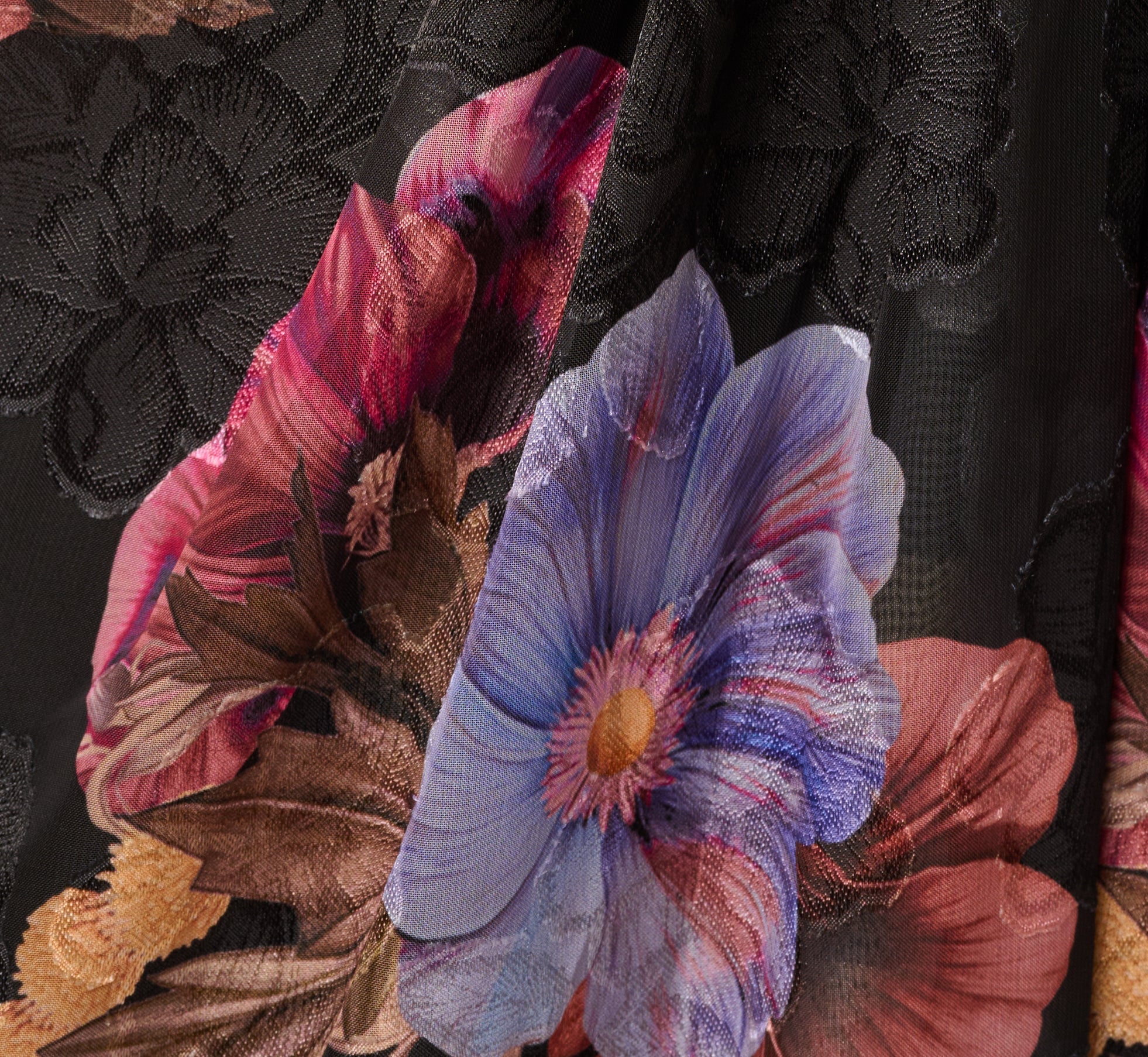 One Shoulder Knot Waist Floral Chiffon Gown In Black Multi