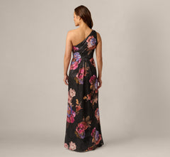 One Shoulder Knot Waist Floral Chiffon Gown In Black Multi