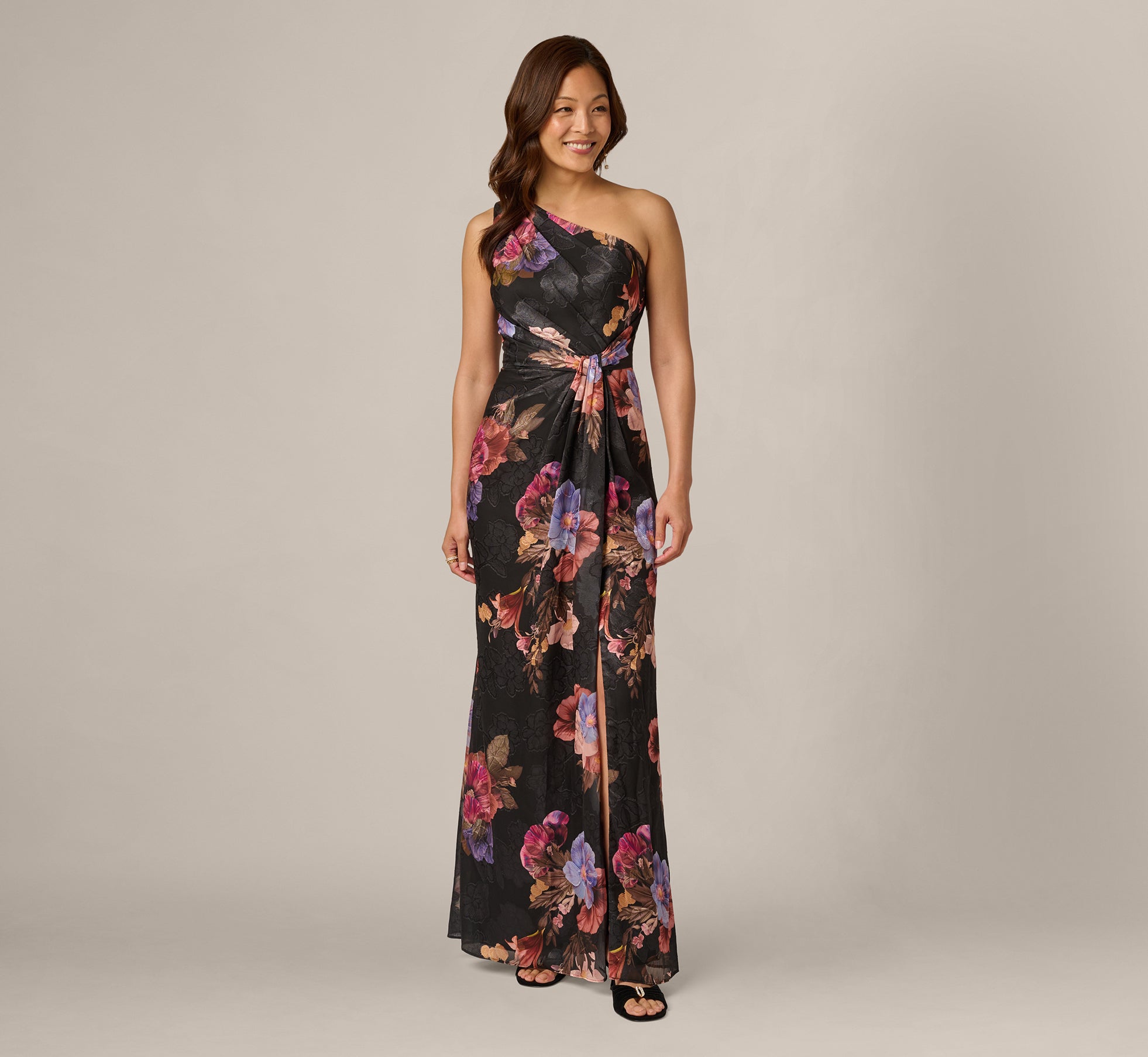 One Shoulder Knot Waist Floral Chiffon Gown In Black Multi