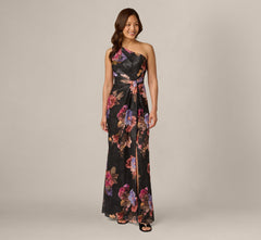 One Shoulder Knot Waist Floral Chiffon Gown In Black Multi
