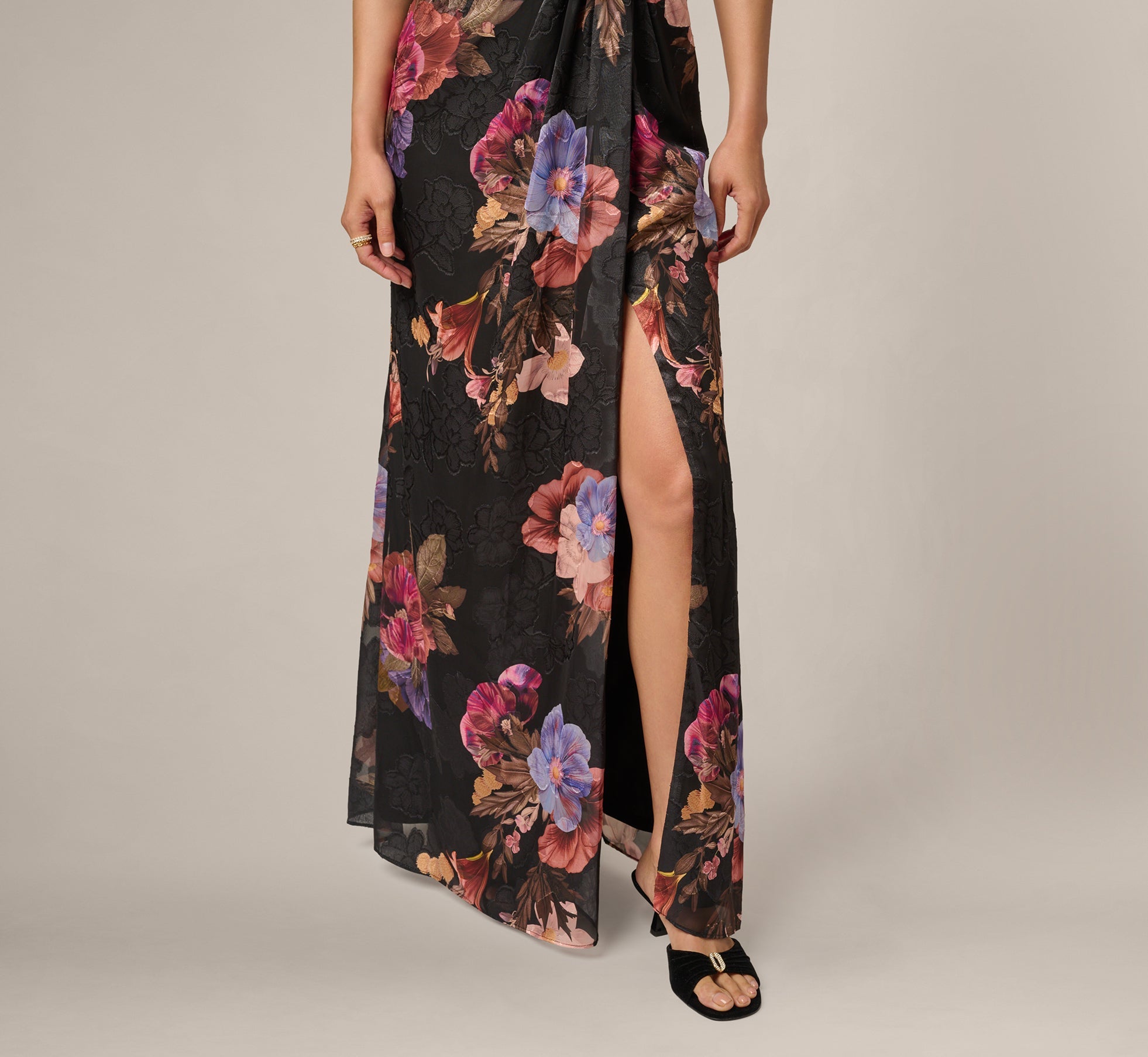 One Shoulder Knot Waist Floral Chiffon Gown In Black Multi