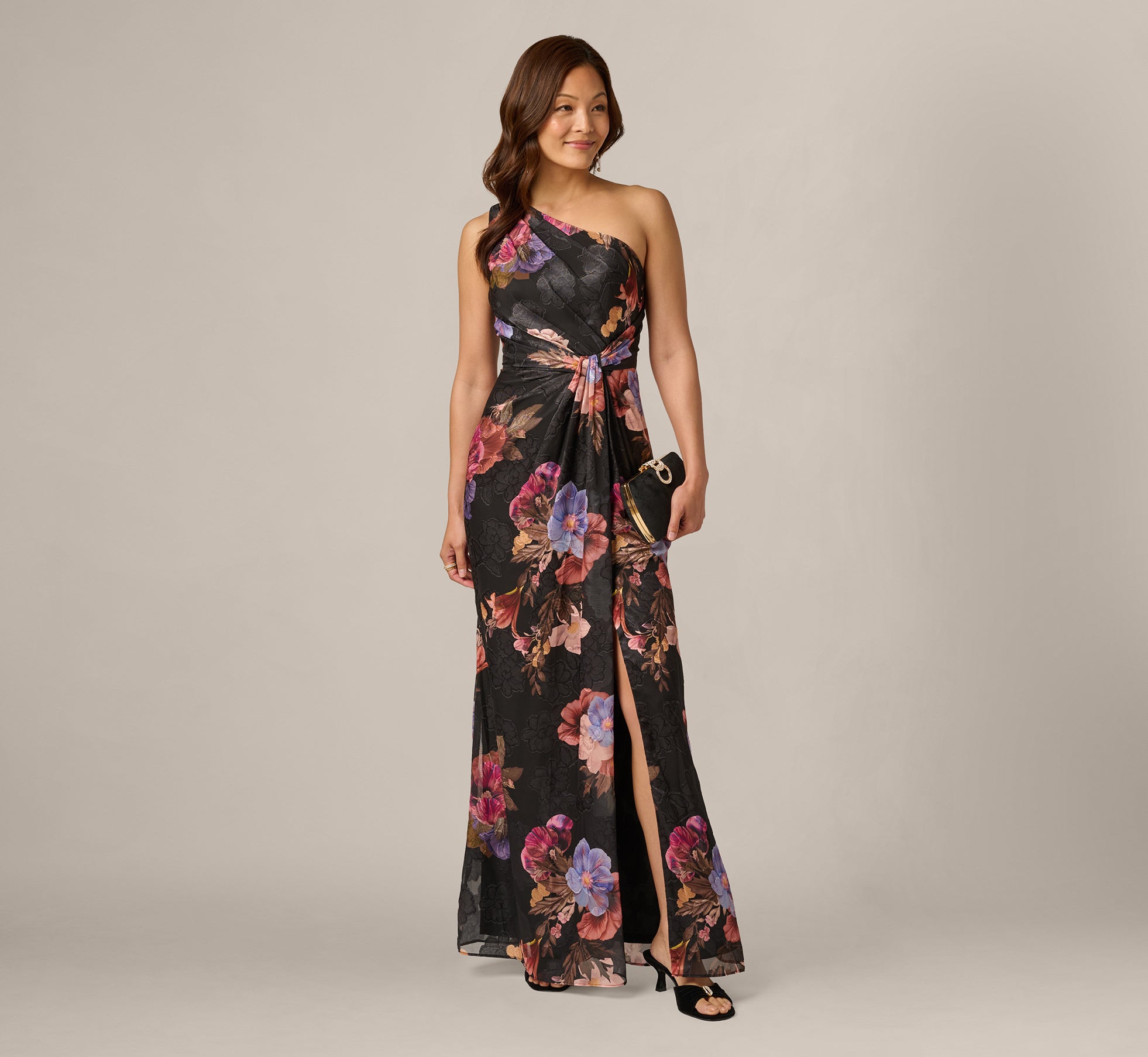 One Shoulder Knot Waist Floral Chiffon Gown In Black Multi