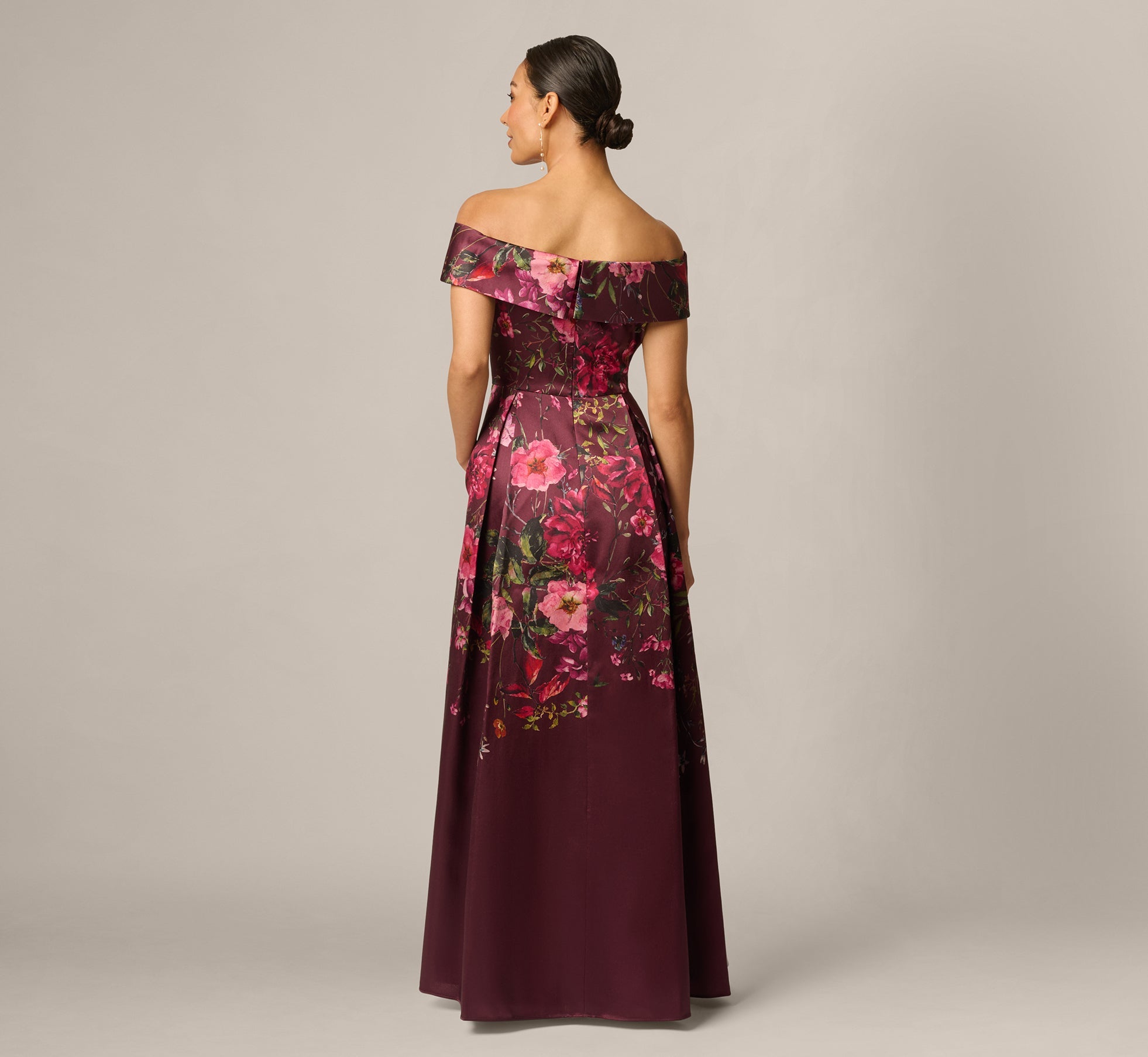 Petite Off Shoulder Garden Floral Mikado Ballgown In Burgundy Multi