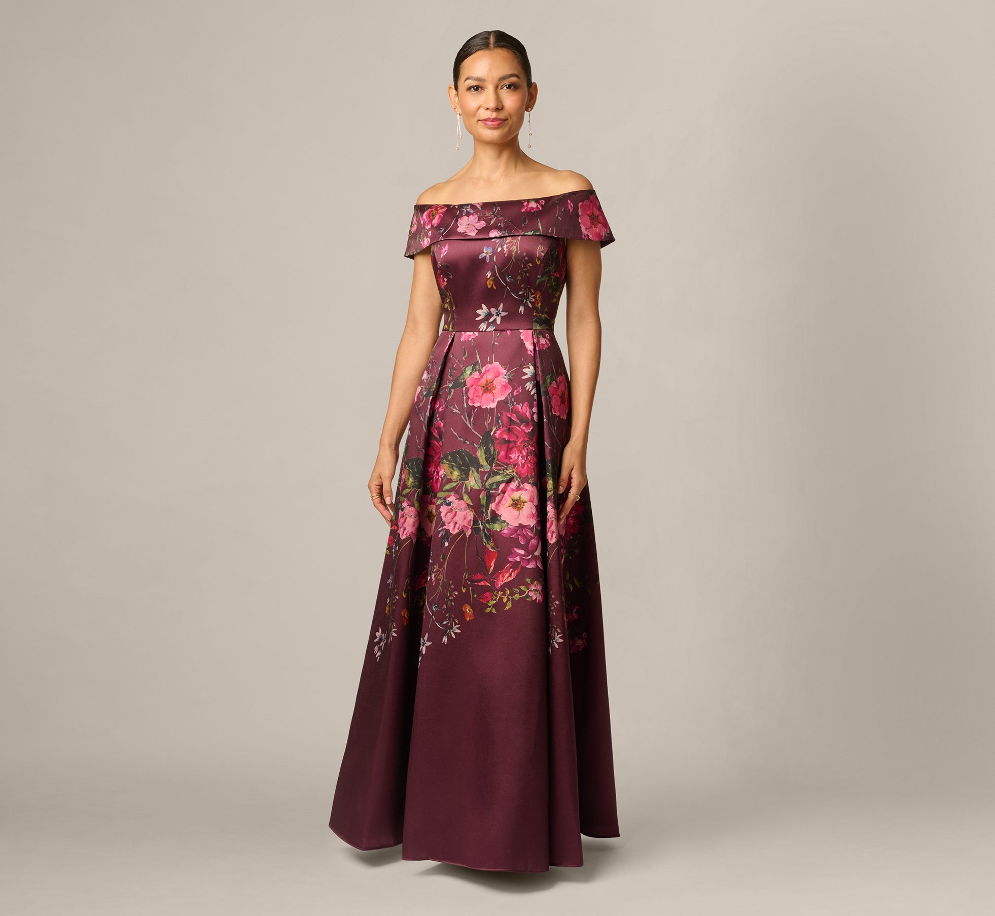 Petite Off Shoulder Garden Floral Mikado Ballgown In Burgundy Multi