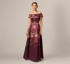 Petite Off Shoulder Garden Floral Mikado Ballgown In Burgundy Multi