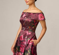 Petite Off Shoulder Garden Floral Mikado Ballgown In Burgundy Multi