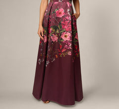 Petite Off Shoulder Garden Floral Mikado Ballgown In Burgundy Multi