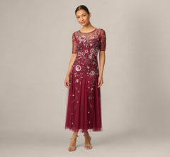 Petite Short Sleeve Floral Beaded Sequin Ankle Length Dress In Mahogany
