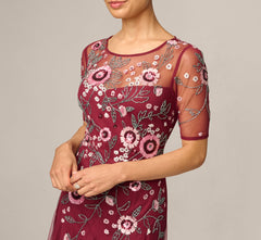 Petite Short Sleeve Floral Beaded Sequin Ankle Length Dress In Mahogany