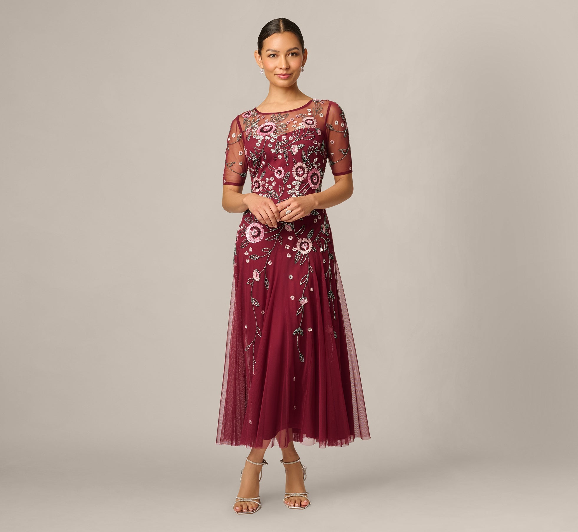 Petite Short Sleeve Floral Beaded Sequin Ankle Length Dress In Mahogany