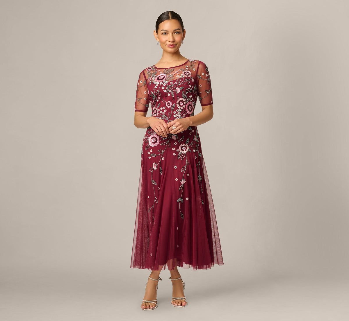 Petite Short Sleeve Floral Beaded Sequin Ankle Length Dress In Mahogany