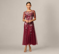 Petite Short Sleeve Floral Beaded Sequin Ankle Length Dress In Mahogany