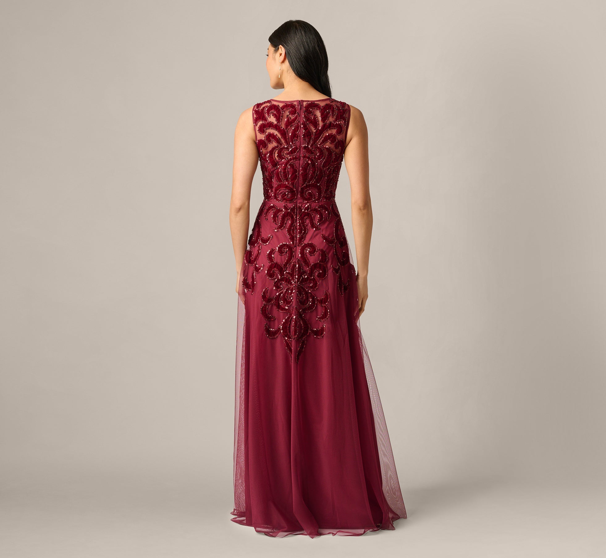 Petite Baroque Scroll Velvet Beaded Gown In Mahogany