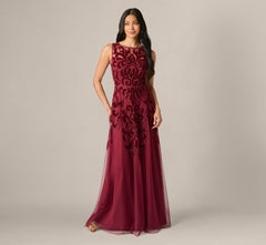 Petite Baroque Scroll Velvet Beaded Gown In Mahogany