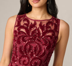 Petite Baroque Scroll Velvet Beaded Gown In Mahogany