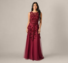 Petite Baroque Scroll Velvet Beaded Gown In Mahogany