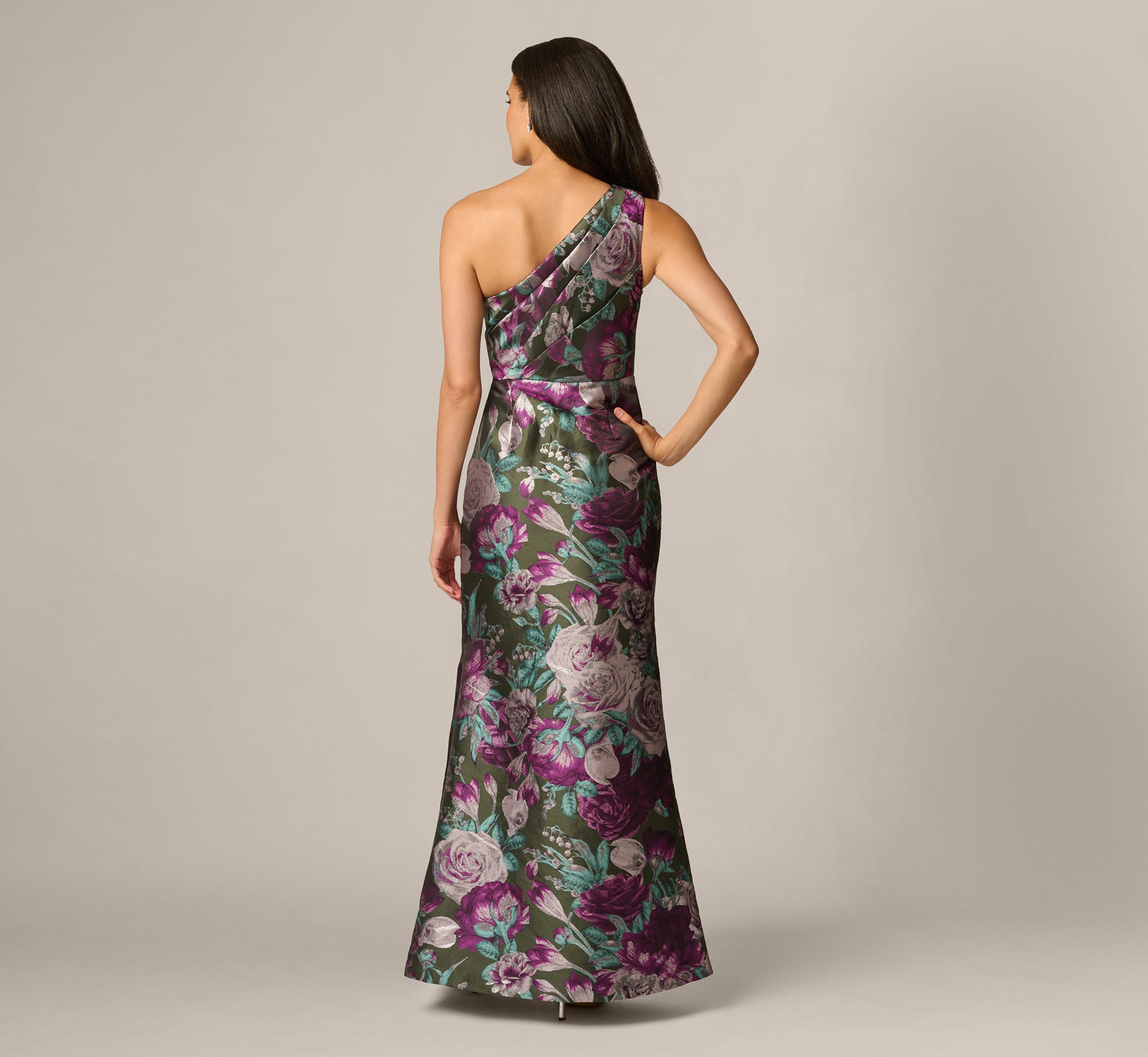 One Shoulder Rose Garden Jacquard Mermaid Gown In Green Multi