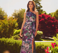 One Shoulder Rose Garden Jacquard Mermaid Gown In Green Multi