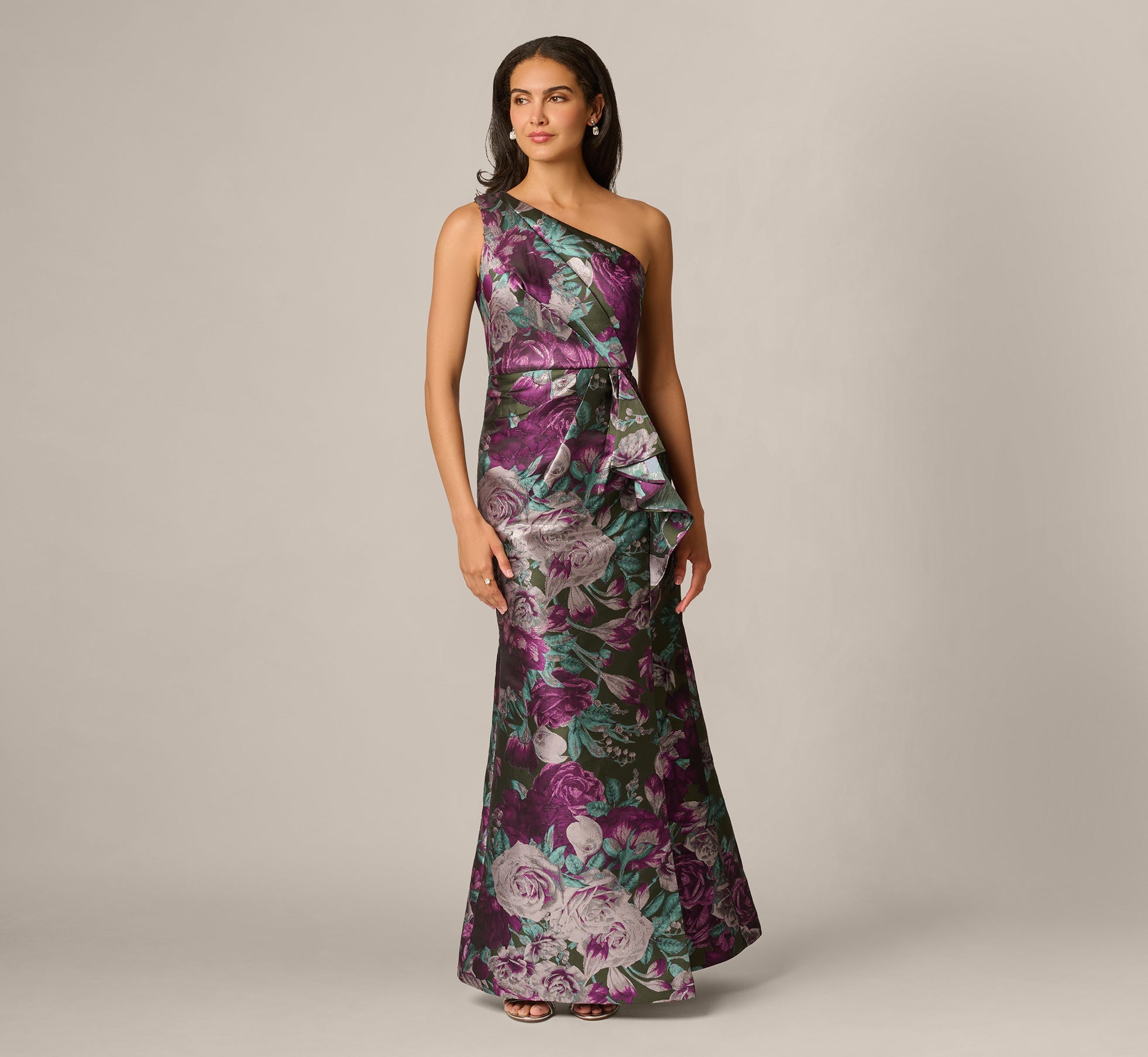 One Shoulder Rose Garden Jacquard Mermaid Gown In Green Multi