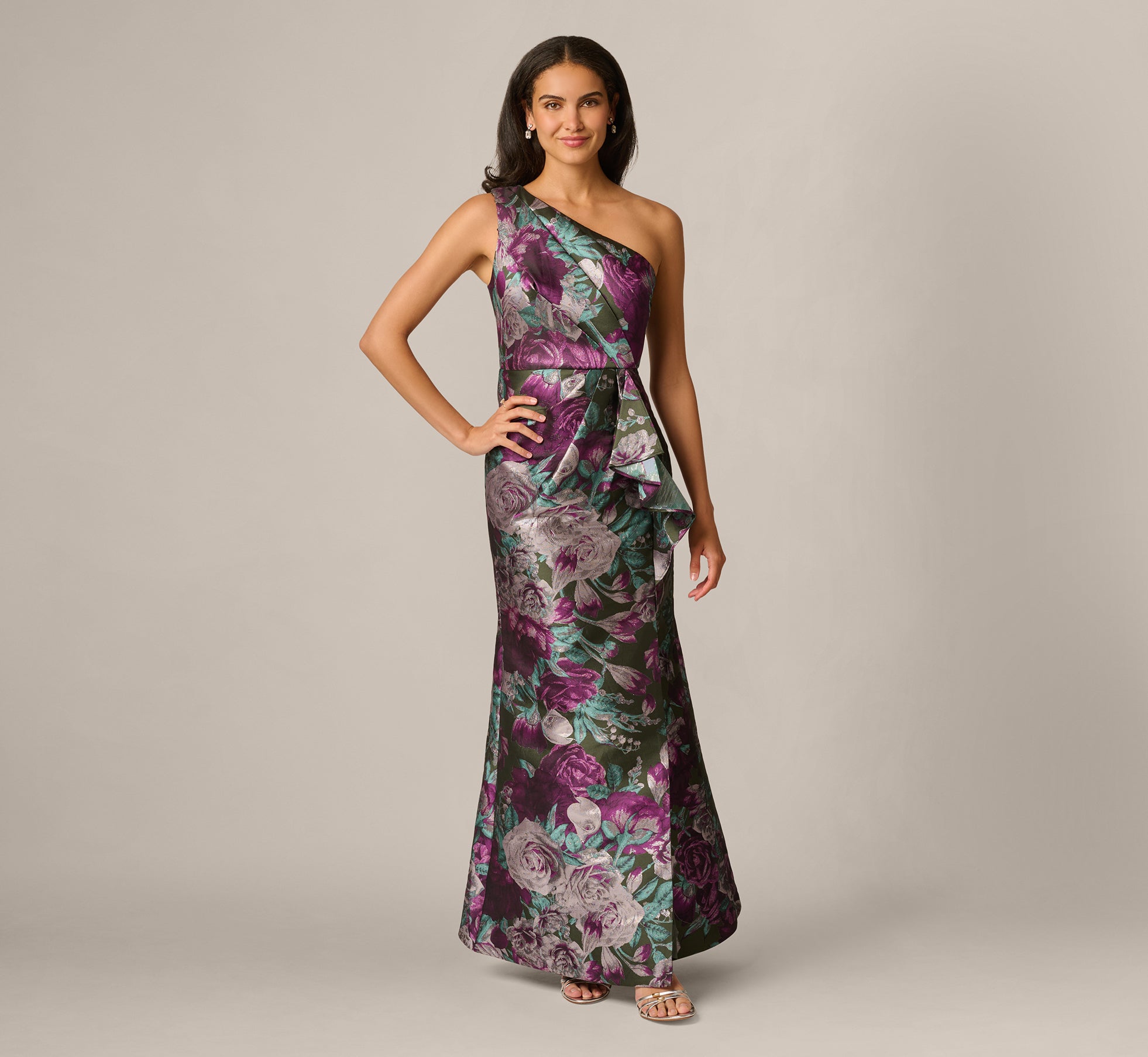 One Shoulder Rose Garden Jacquard Mermaid Gown In Green Multi