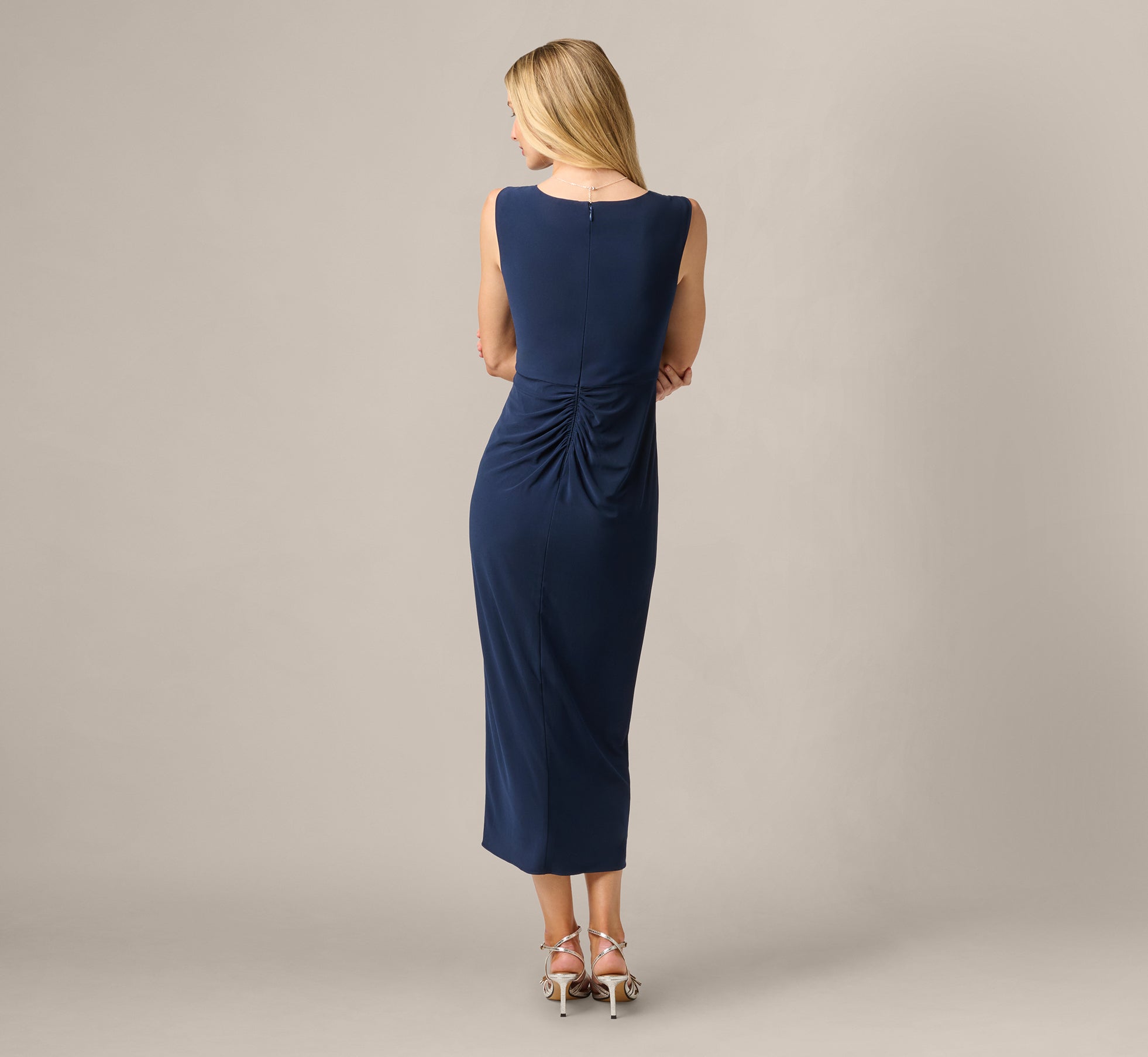 Rosette Drape Stretch Ankle Length Wrap Dress In Midnight