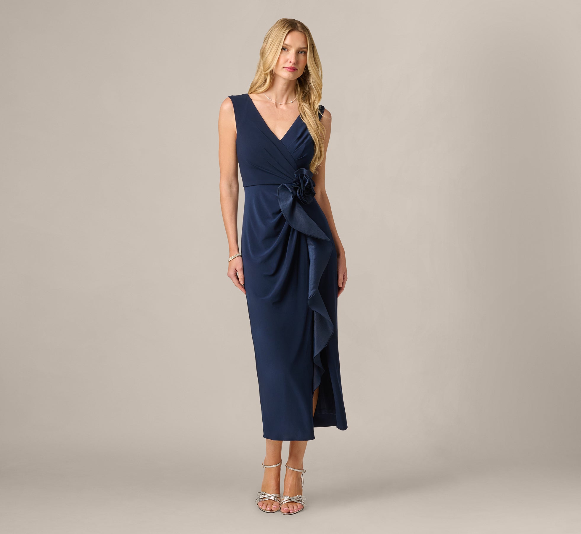 Rosette Drape Stretch Ankle Length Wrap Dress In Midnight