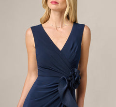 Rosette Drape Stretch Ankle Length Wrap Dress In Midnight