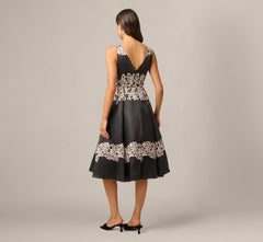 Lace Print Fit And Flare Midi Dress In Black Ecru