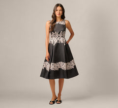 Lace Print Fit And Flare Midi Dress In Black Ecru