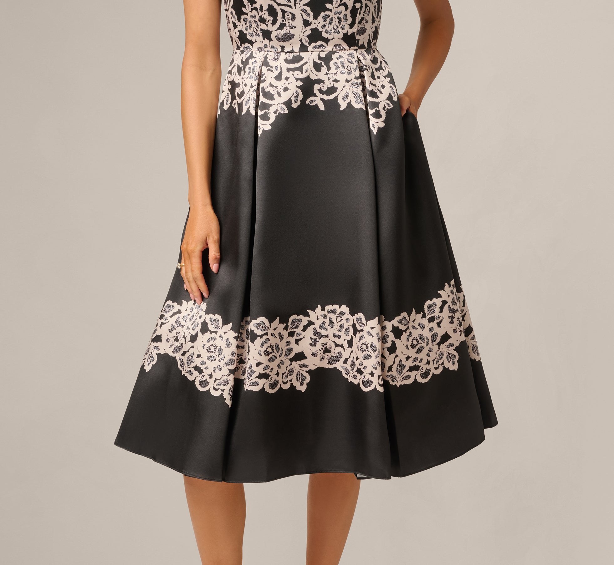 Lace Print Fit And Flare Midi Dress In Black Ecru