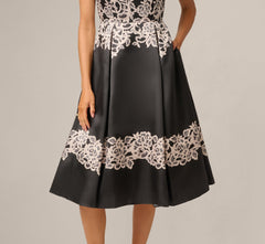 Lace Print Fit And Flare Midi Dress In Black Ecru