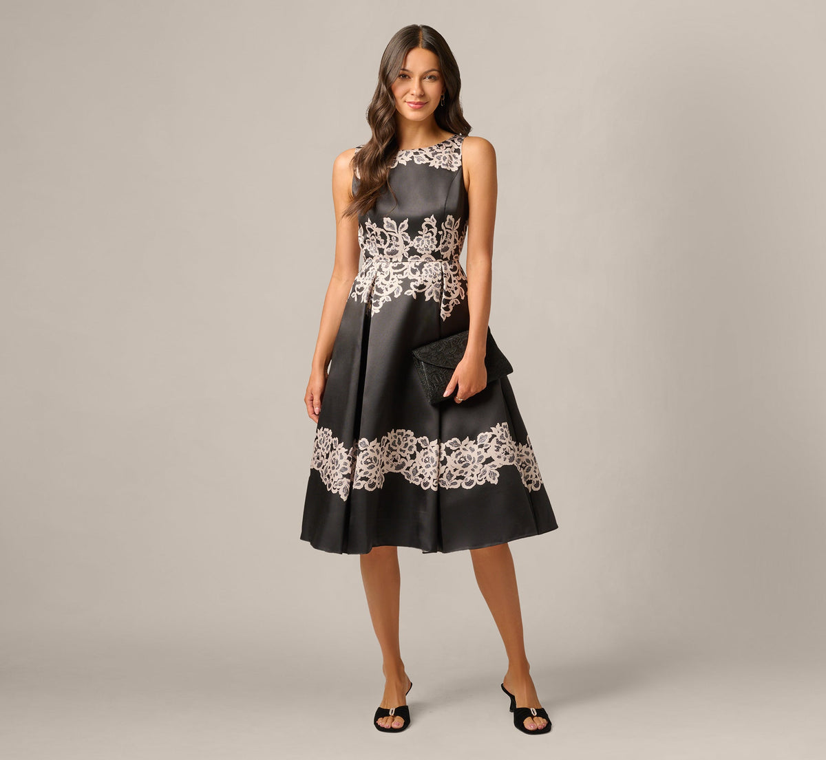 Lace Print Fit And Flare Midi Dress In Black Ecru
