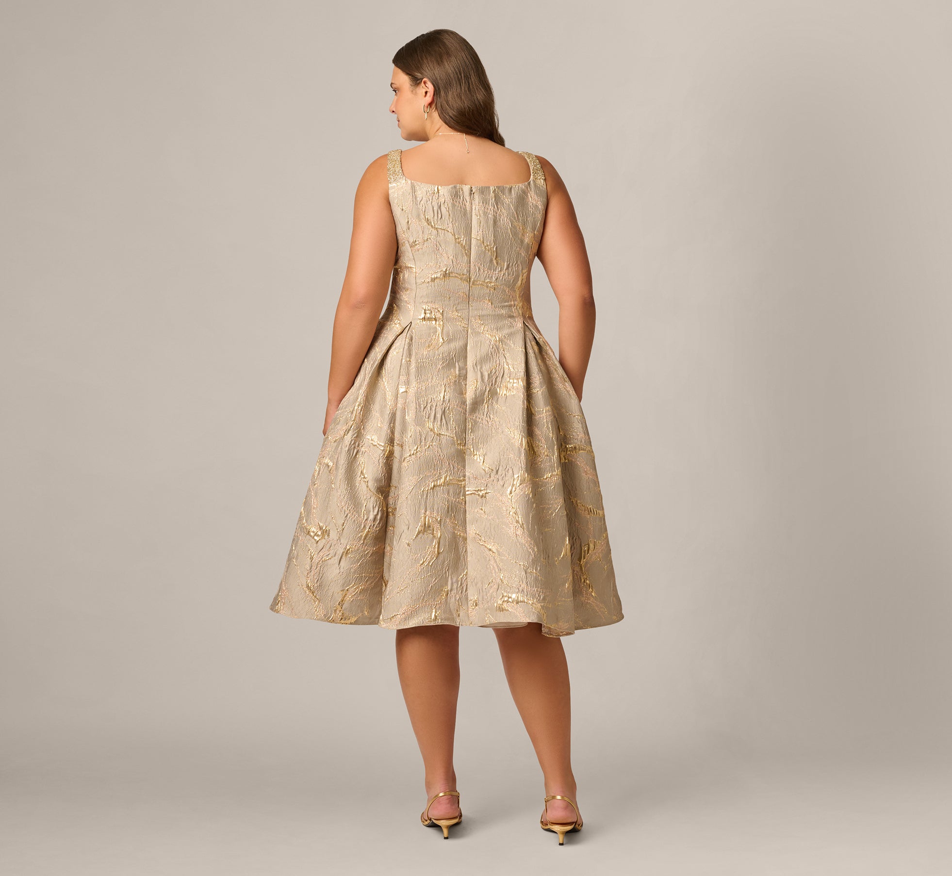 Plus Size Beaded Square Neck Metallic Fit And Flare Midi Dress In Mink