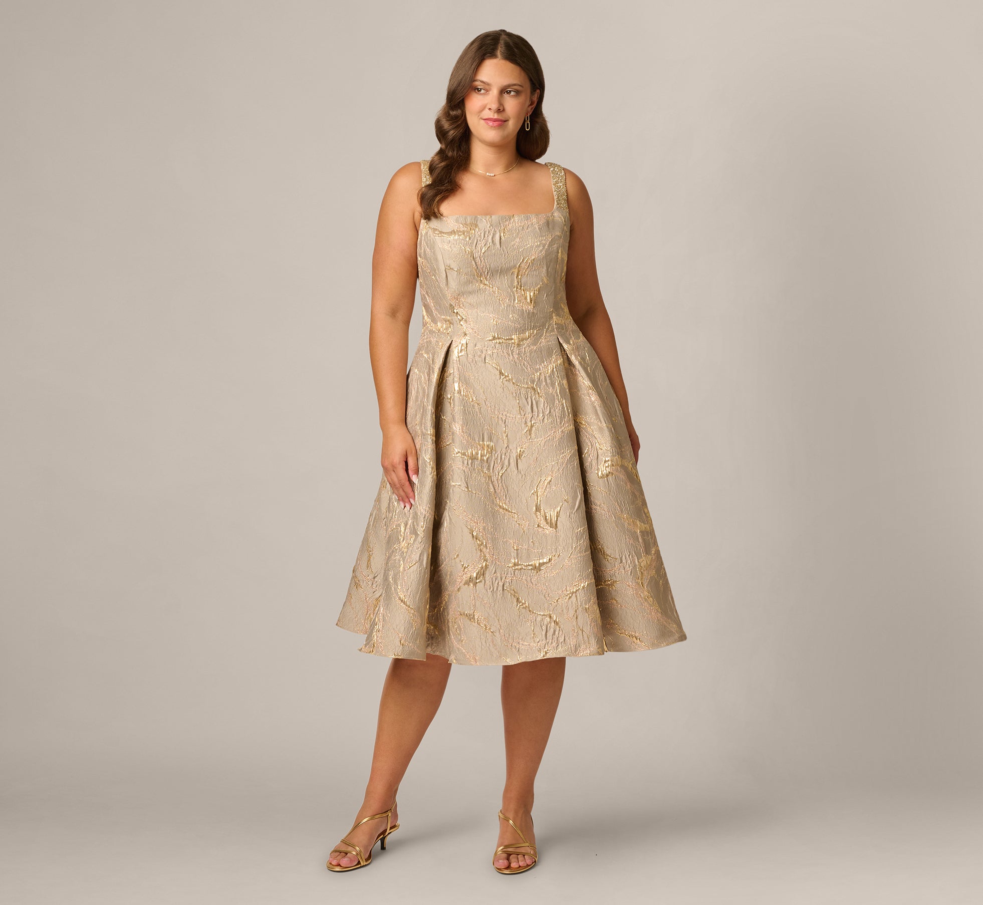 Plus Size Beaded Square Neck Metallic Fit And Flare Midi Dress In Mink