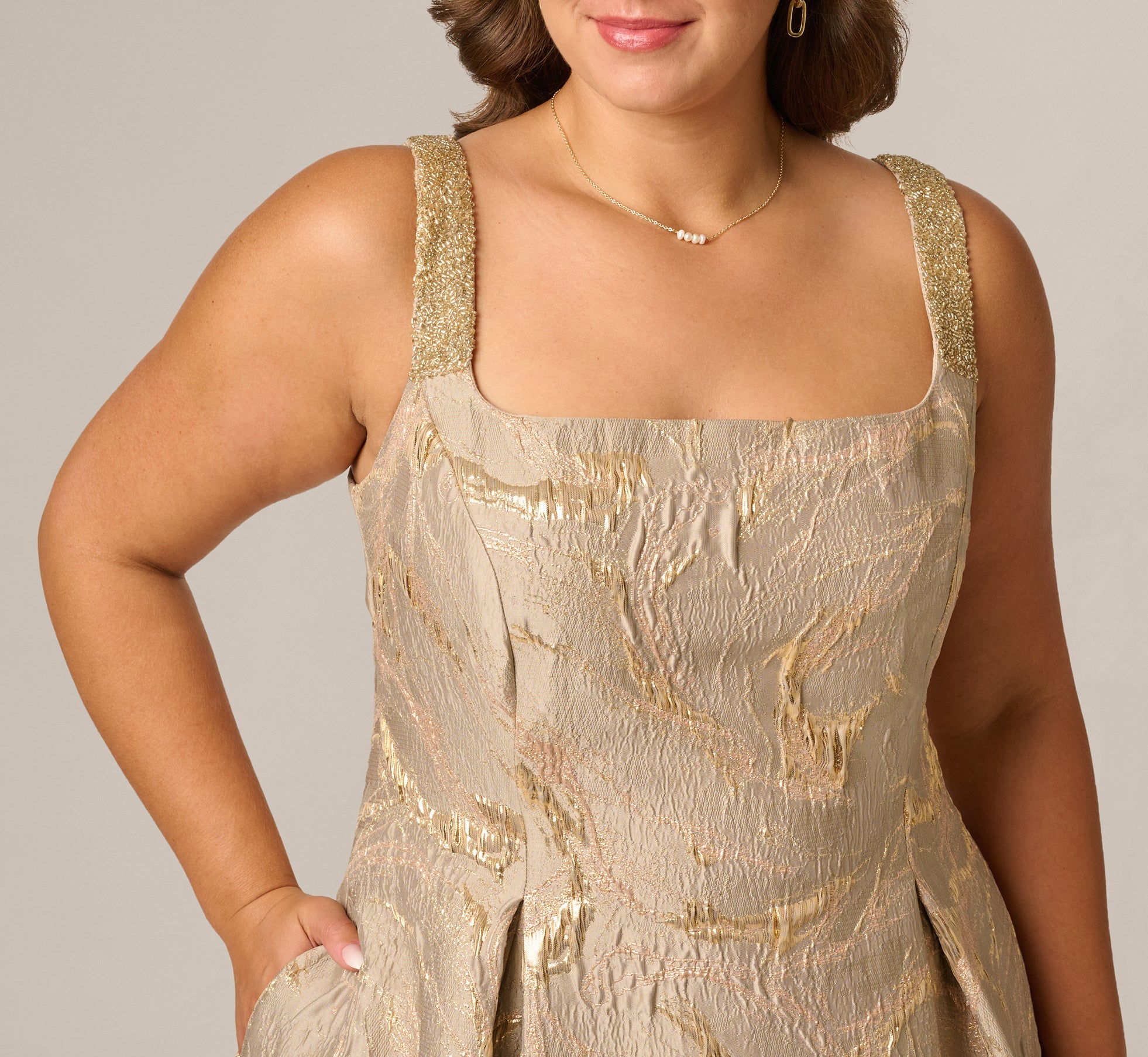 Plus Size Beaded Square Neck Metallic Fit And Flare Midi Dress In Mink