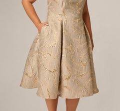 Plus Size Beaded Square Neck Metallic Fit And Flare Midi Dress In Mink