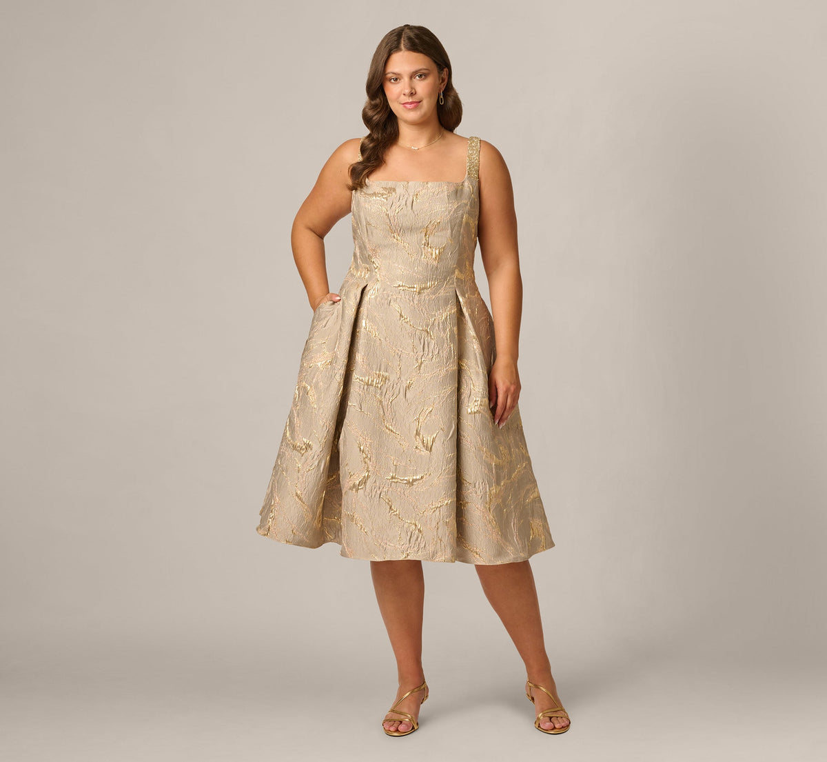 Plus Size Beaded Square Neck Metallic Fit And Flare Midi Dress In Mink